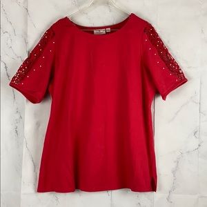 Quacker Factory Lace Sleeve Top with Faux Pearls